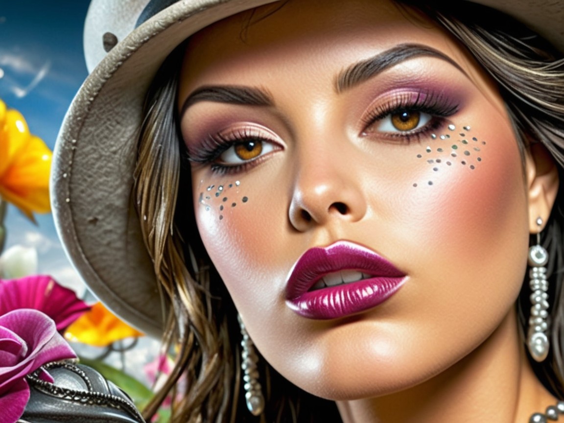 Glamorous Young Woman with Bold Makeup and Floral Background