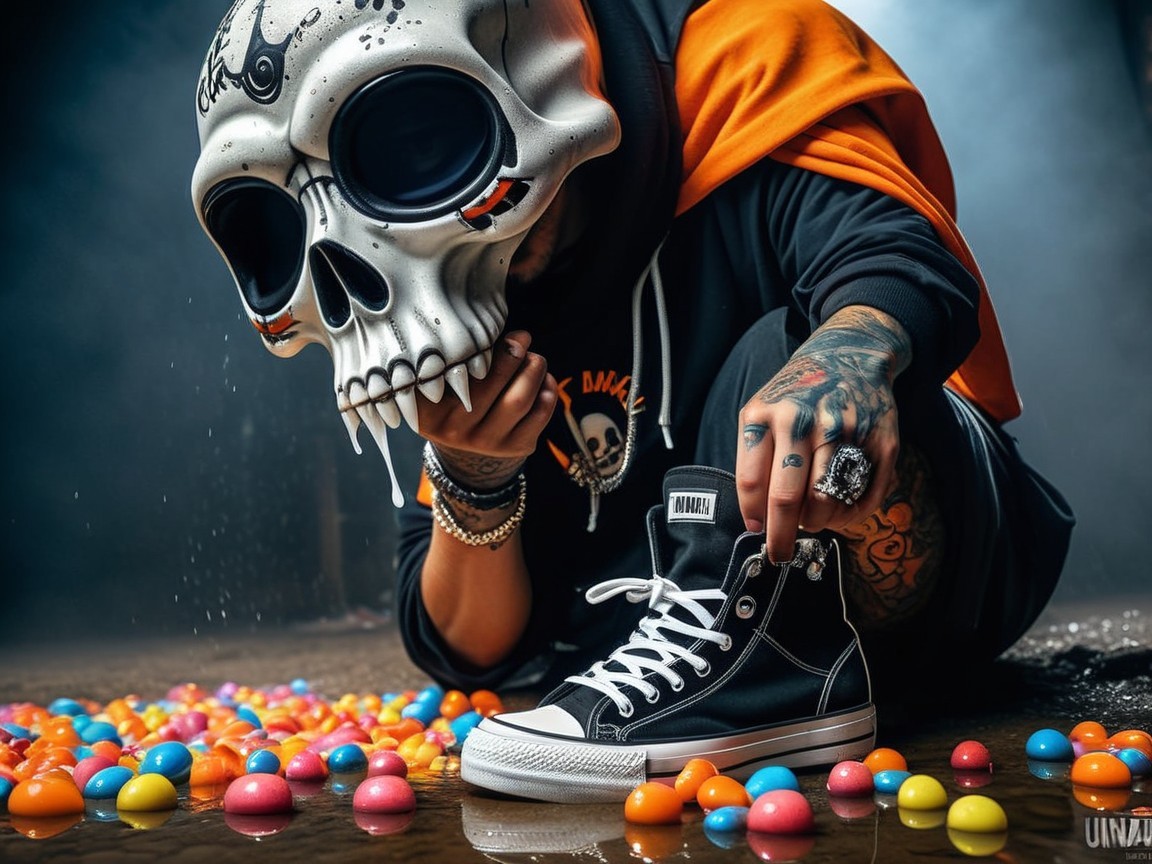 Crouching Figure in Fog with Skull Mask and Eggs