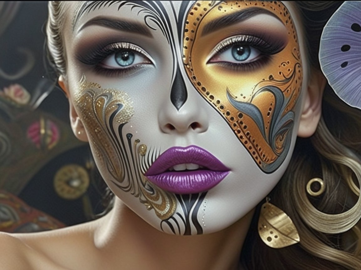 Close-up of a woman with intricate face paint patterns