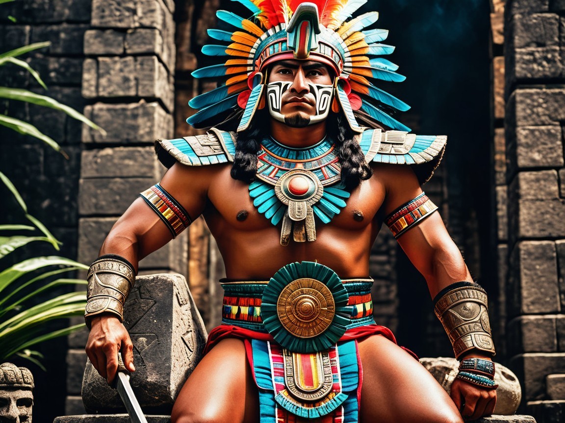 Muscular Warrior on Stone Throne in Ancient Ruins