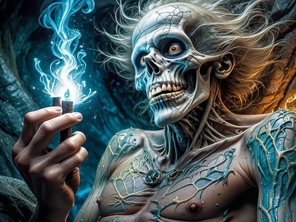 Skeletal Figure in Dark Environment with Mystical Flame