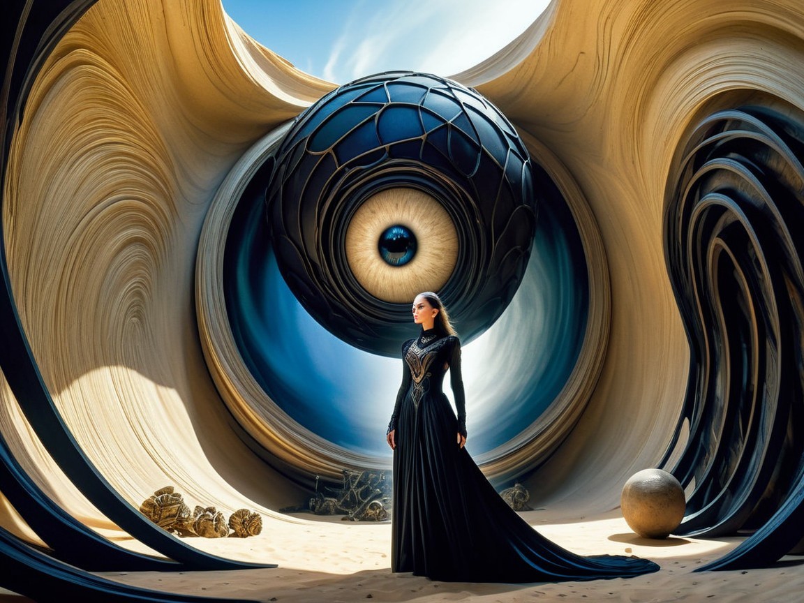 Mysterious figure in surreal landscape with eye structure