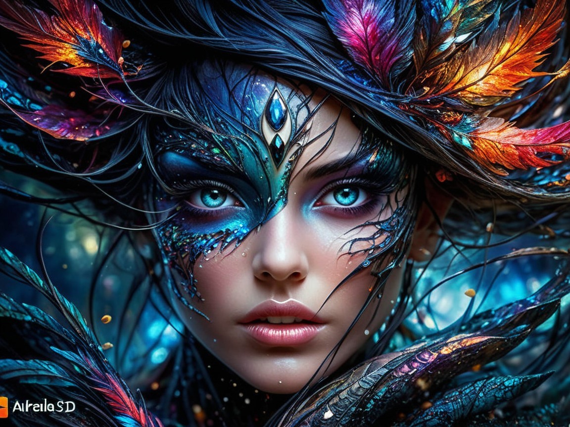 Colorful Face Paint and Feathers on Female Figure