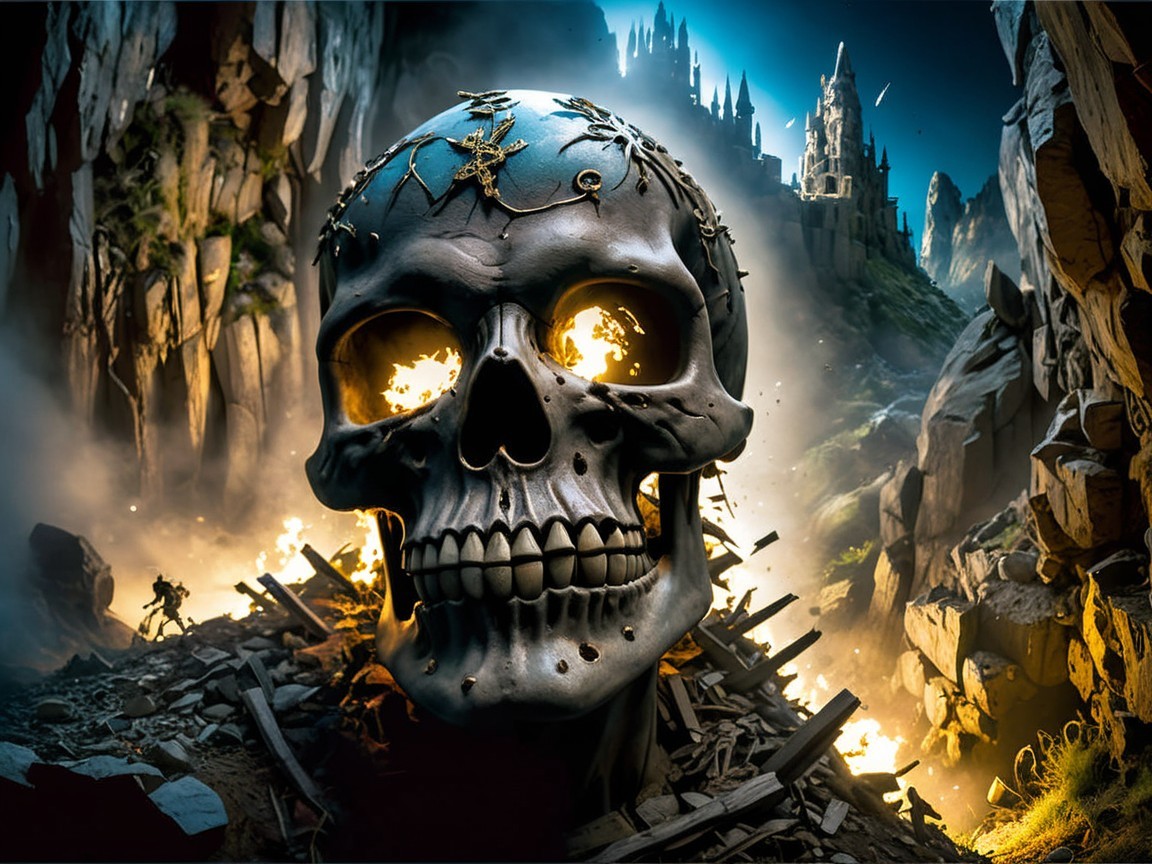 Colossal Skull and Dark Castle in Chaotic Landscape