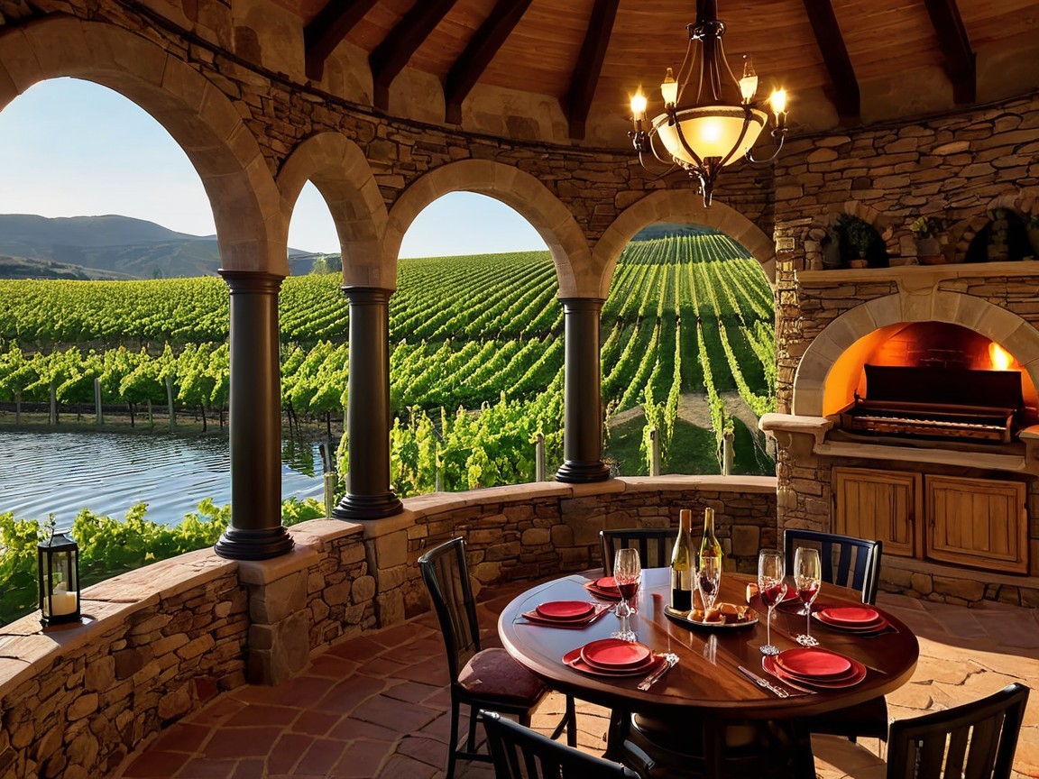 Stone gazebo with vineyard views and dining setup