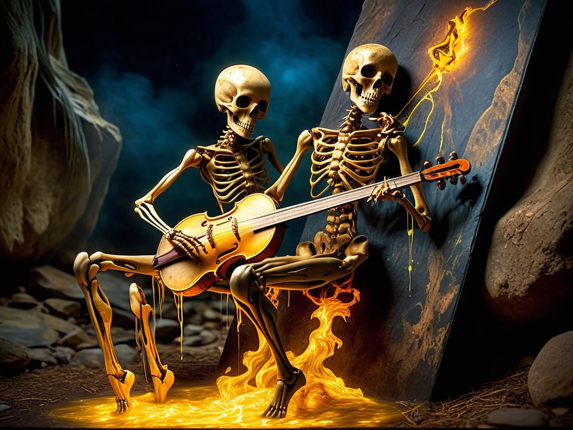 Animated Skeletons Playing Guitar in Mystical Glow