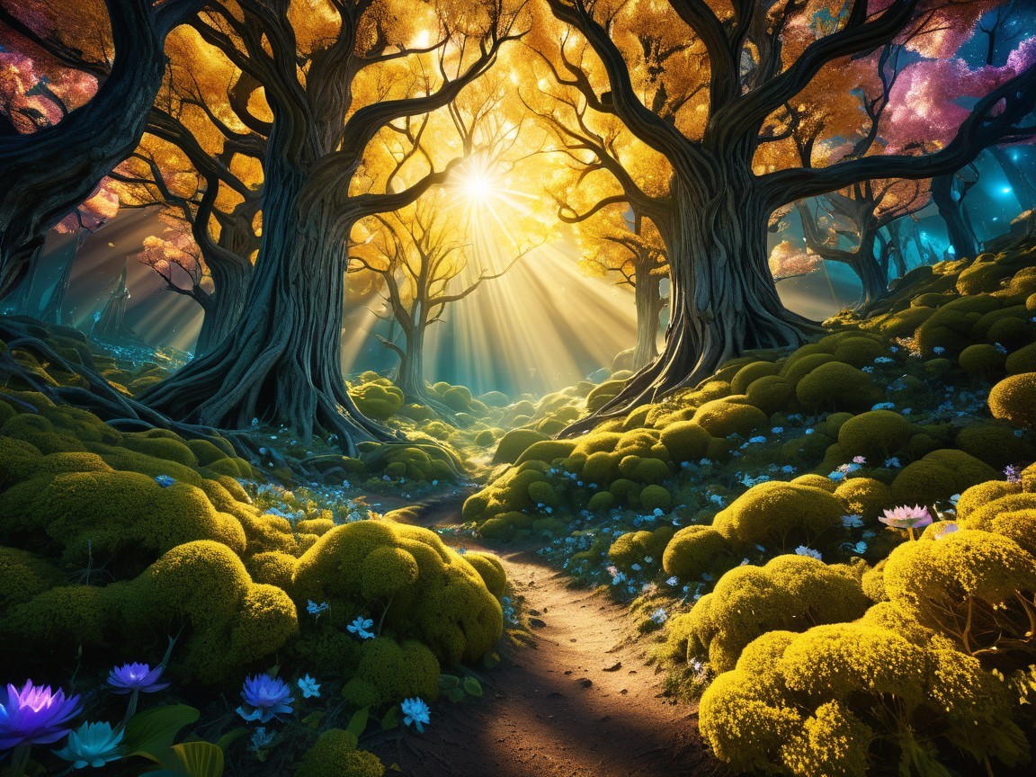 Magical Forest with Golden Light and Autumn Foliage