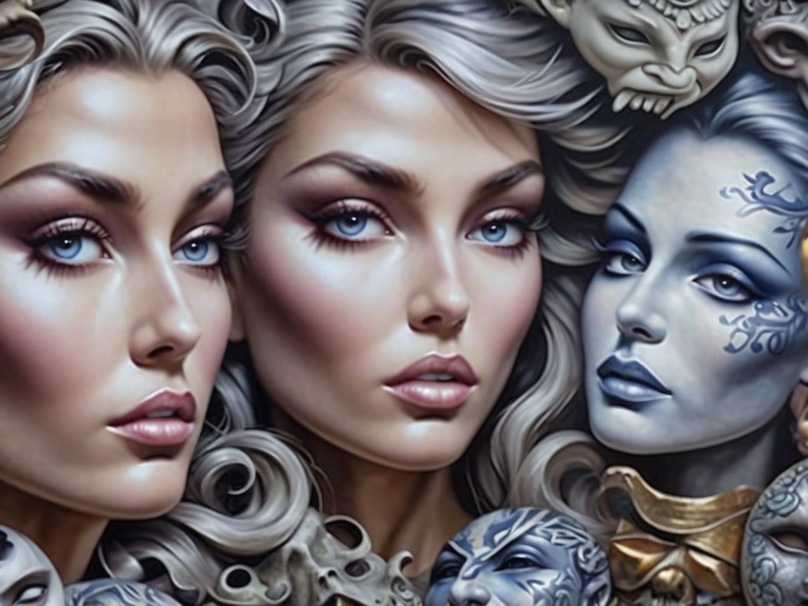 Three Women with Long Hair and Blue Eyes in Elegant Design