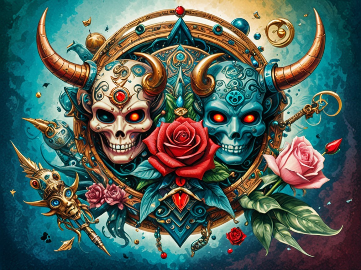 Intricate Design of Skull and Roses with Mystical Symbols