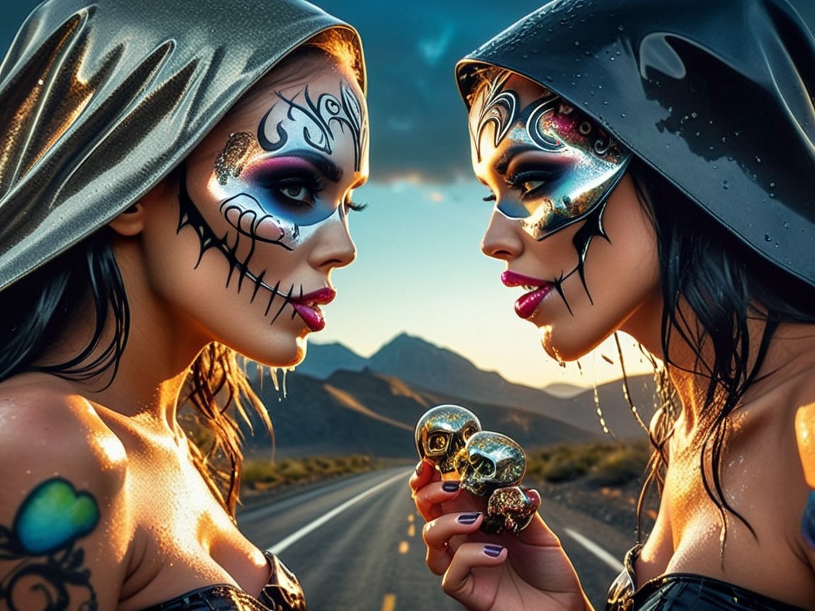 Women with Skull Makeup in Mountainous Landscape