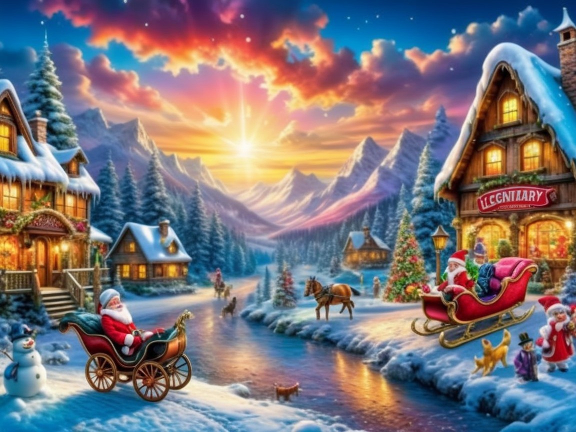 Cozy Christmas Village Scene at Sunset with Snow