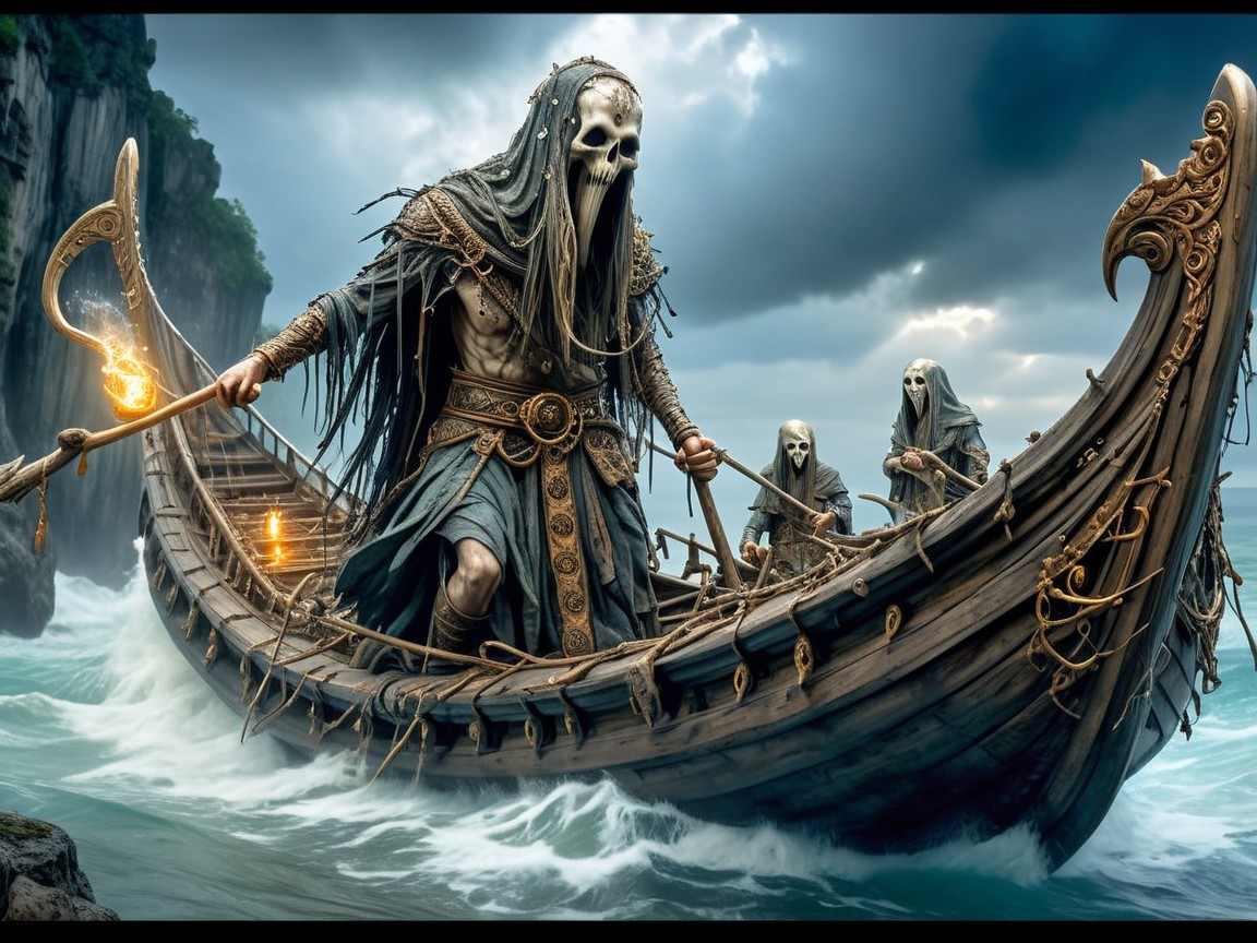 Ghostly Crew on Stormy Sea in Ornate Wooden Boat