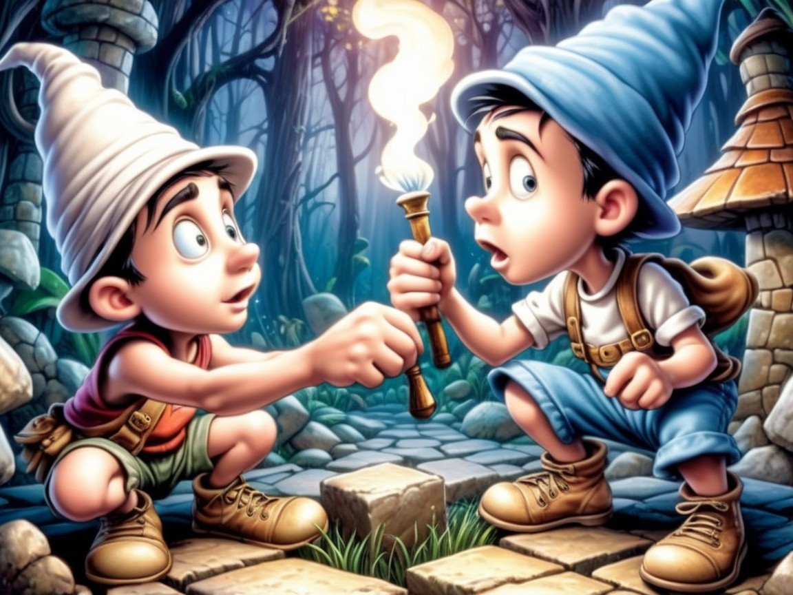 Boys in Pointed Hats Explore a Mystical Forest
