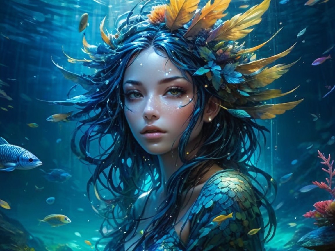 Underwater Scene of a Woman with Flowing Hair