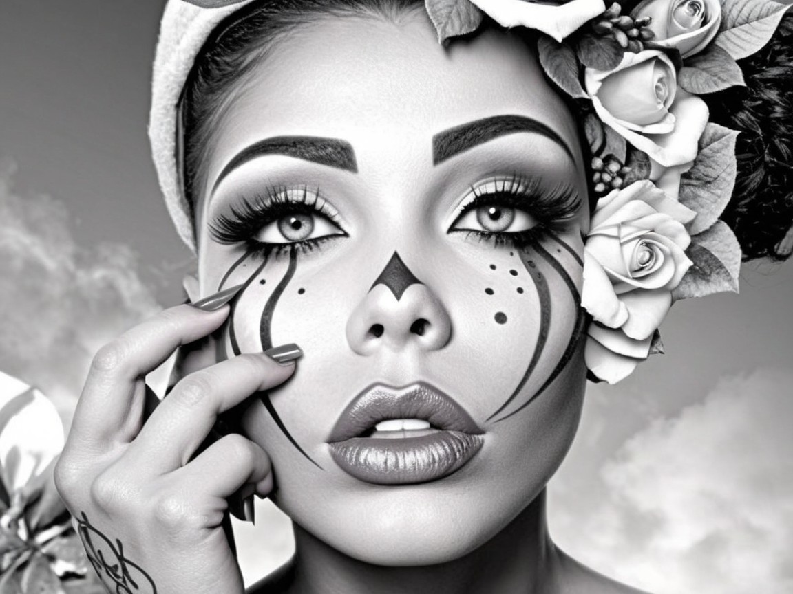 Black and White Portrait of Woman with Dramatic Makeup