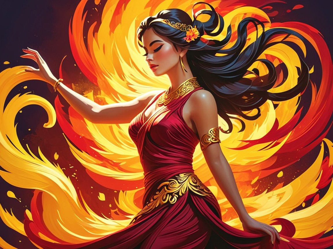 Graceful woman in red gown with swirling flames