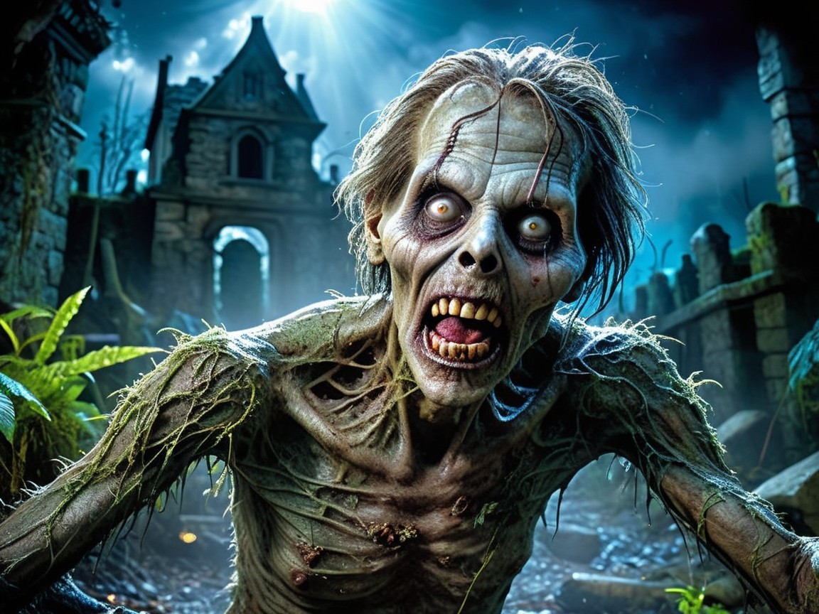 Grotesque Zombie in a Decaying Landscape with Ruins