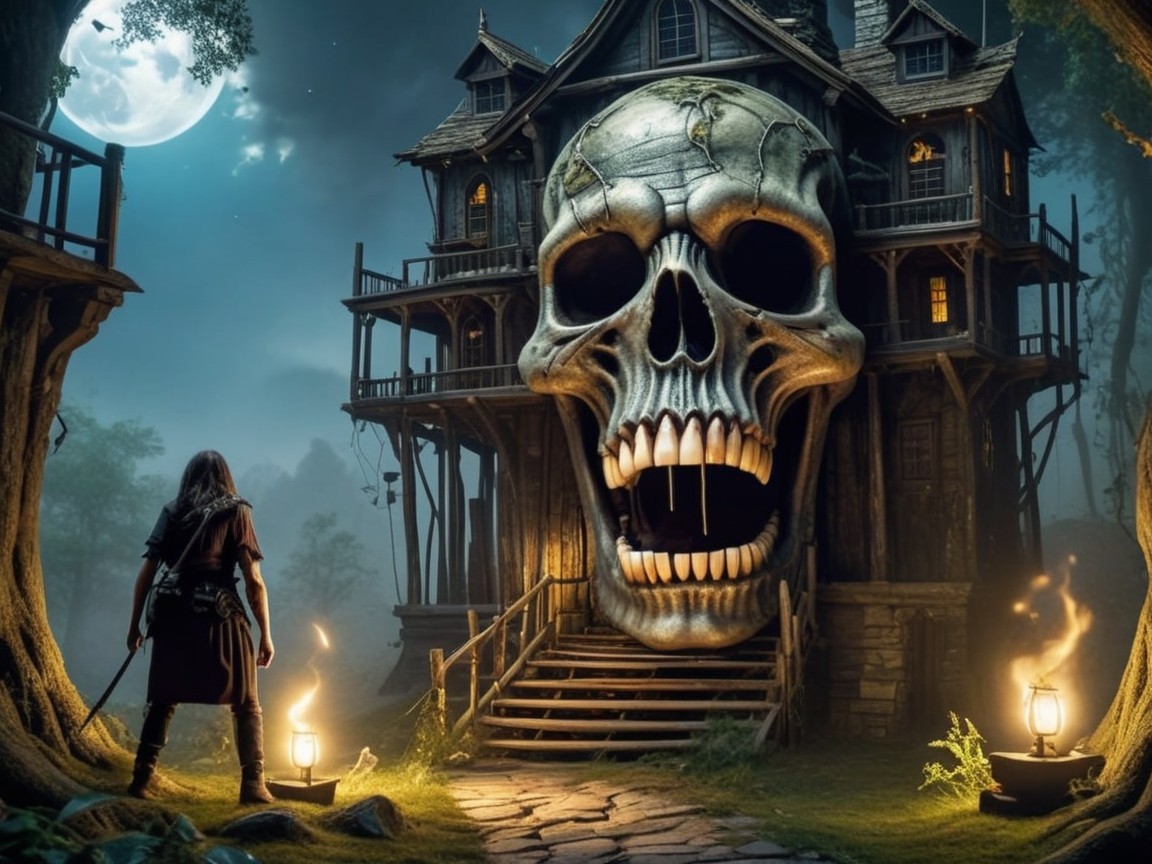 Skull-Shaped House in Moonlit Eerie Landscape