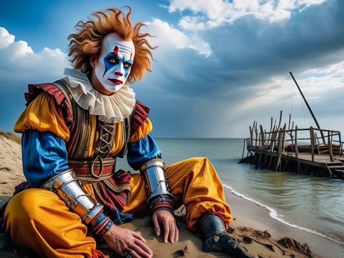 Vibrant Clown on Sandy Beach with Dramatic Sky