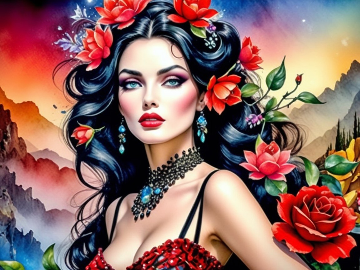Illustration of a woman with red flowers and blue eyes