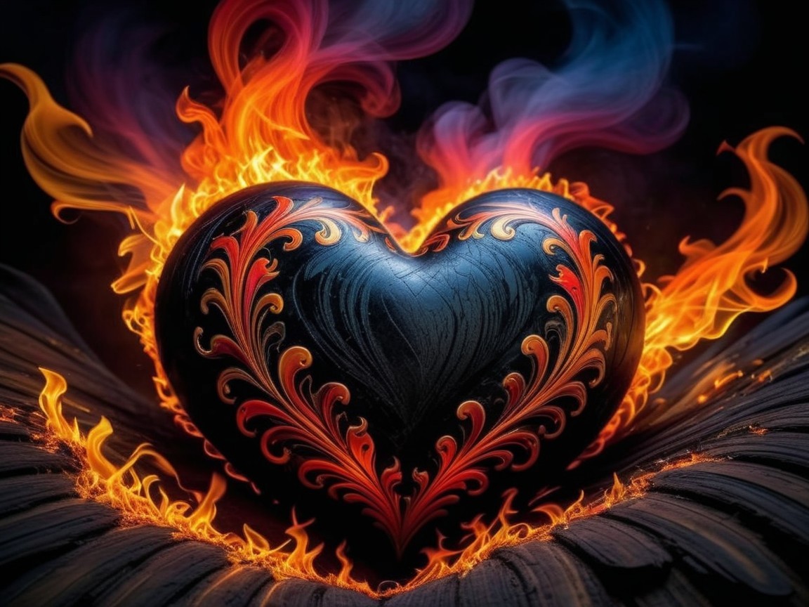 Heart-Shaped Object Surrounded by Flames and Smoke