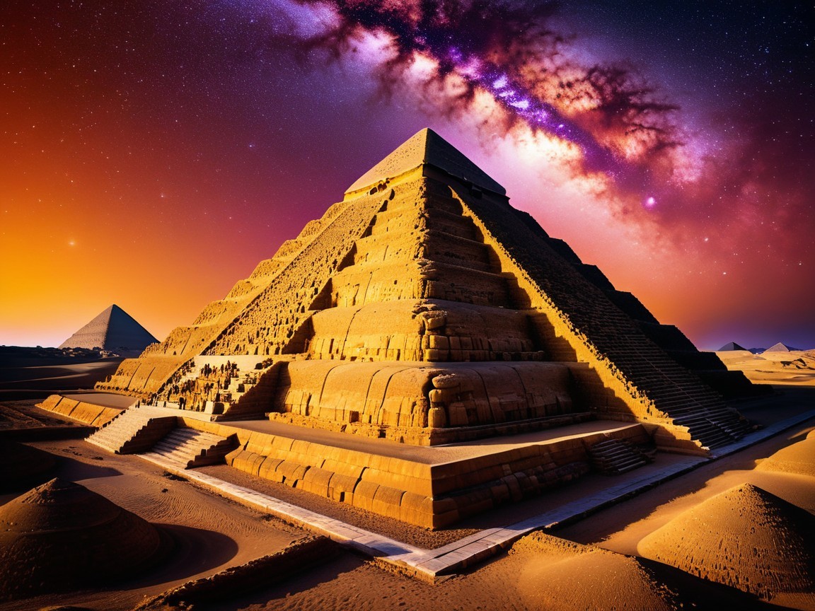 Ancient Pyramid Under Sunset with Milky Way Background