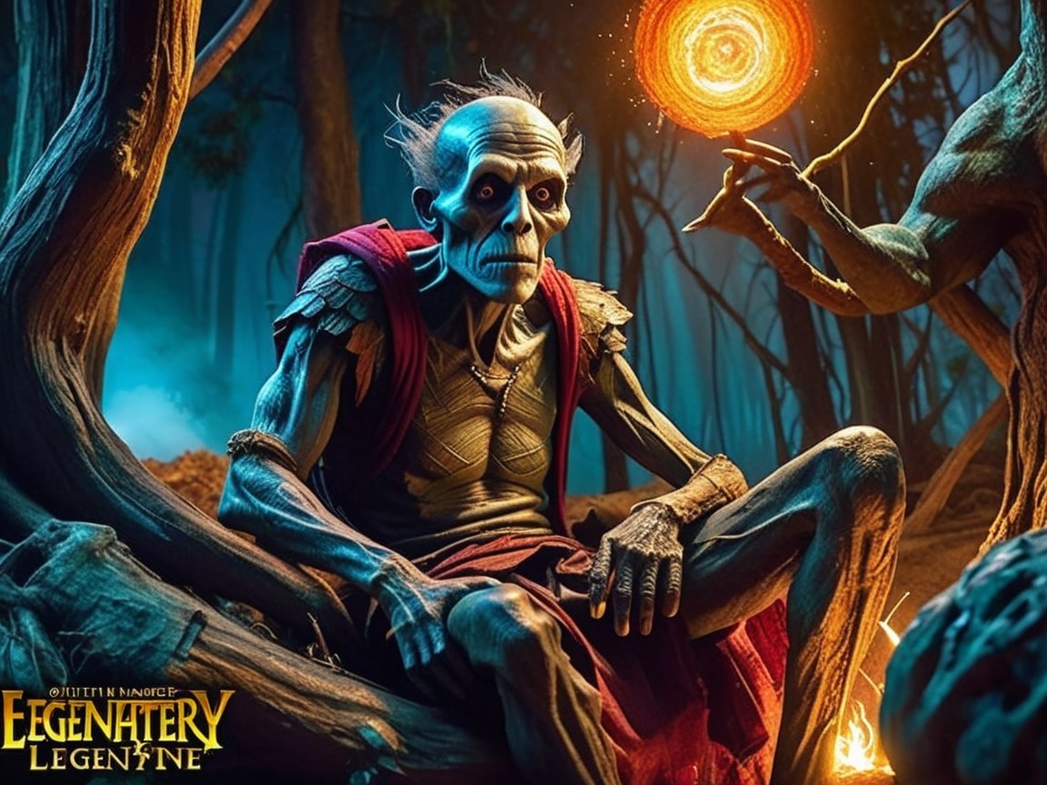 Skeletal Figure in Tattered Robes Among Dark Trees
