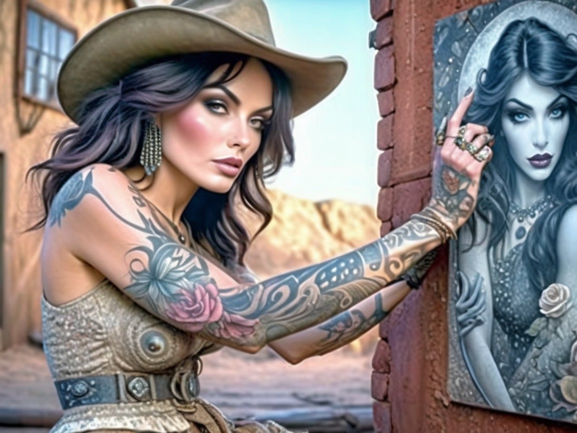 Confident Woman with Tattoos in Western Landscape