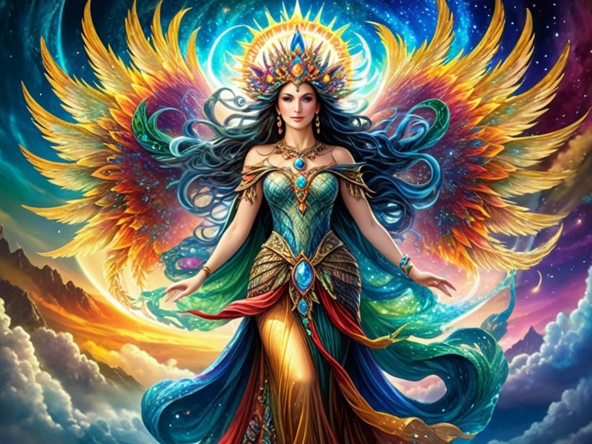 Majestic figure in vibrant gown with ethereal wings