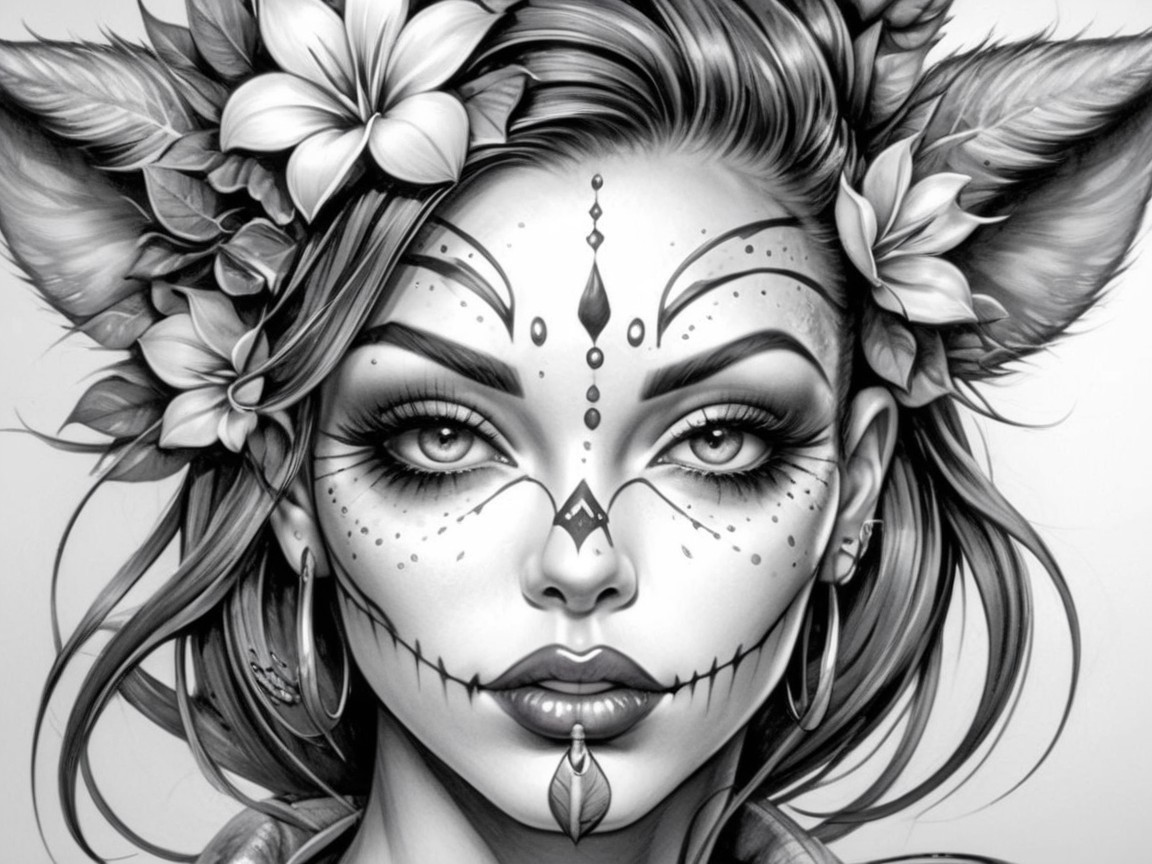 Portrait of a Woman with Face Paint and Floral Accents