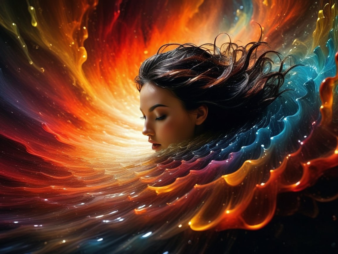 Surreal Woman Amid Vibrant Colorful Waves