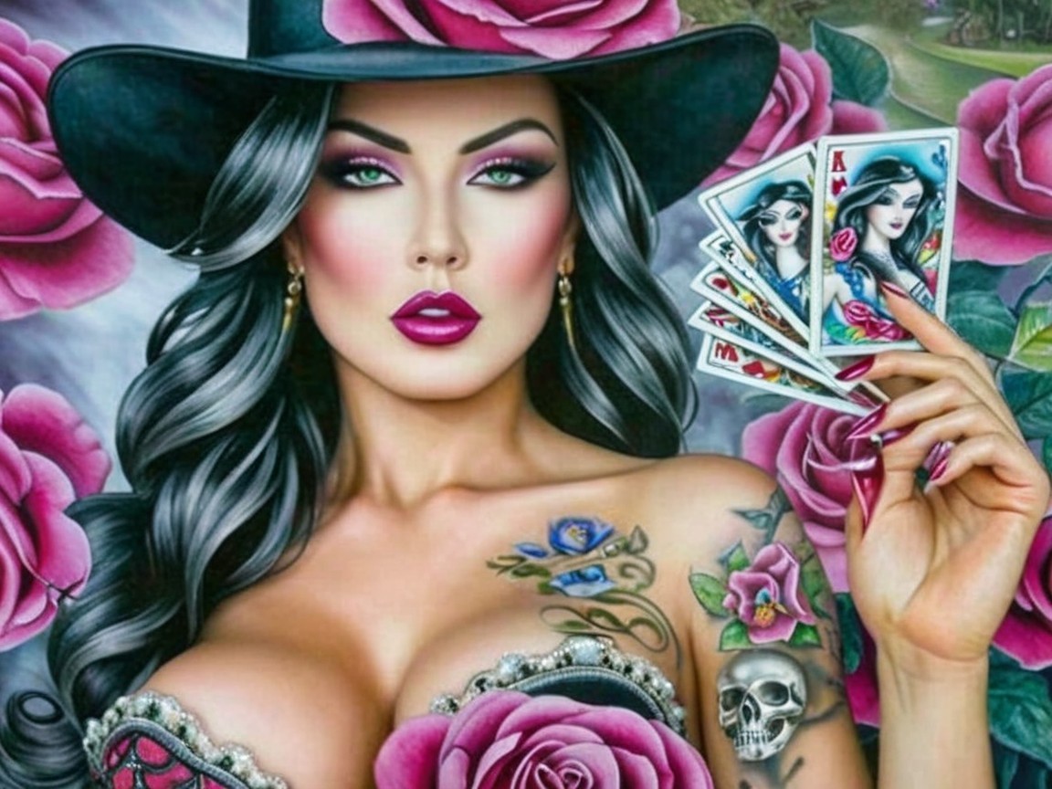 Striking Woman with Hat, Makeup, and Playing Cards