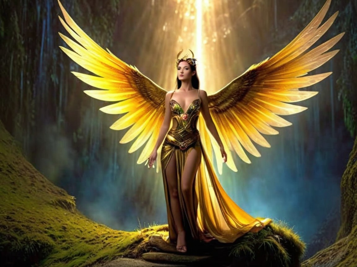 Majestic figure with golden wings in enchanted forest