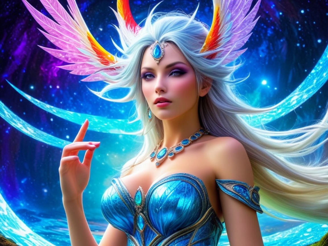 Fantasy Figure with Silver Hair and Feathered Wings