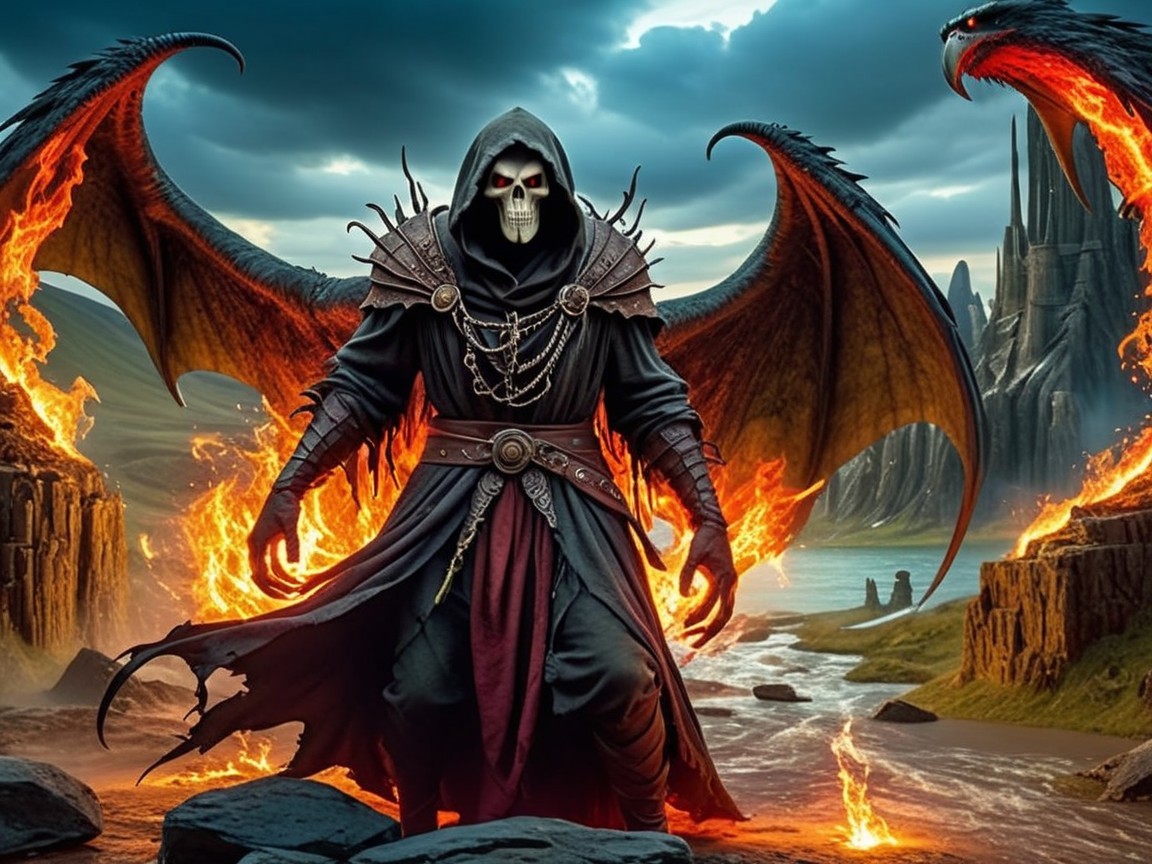 Menacing Figure in Fiery Landscape with Twisted Wings