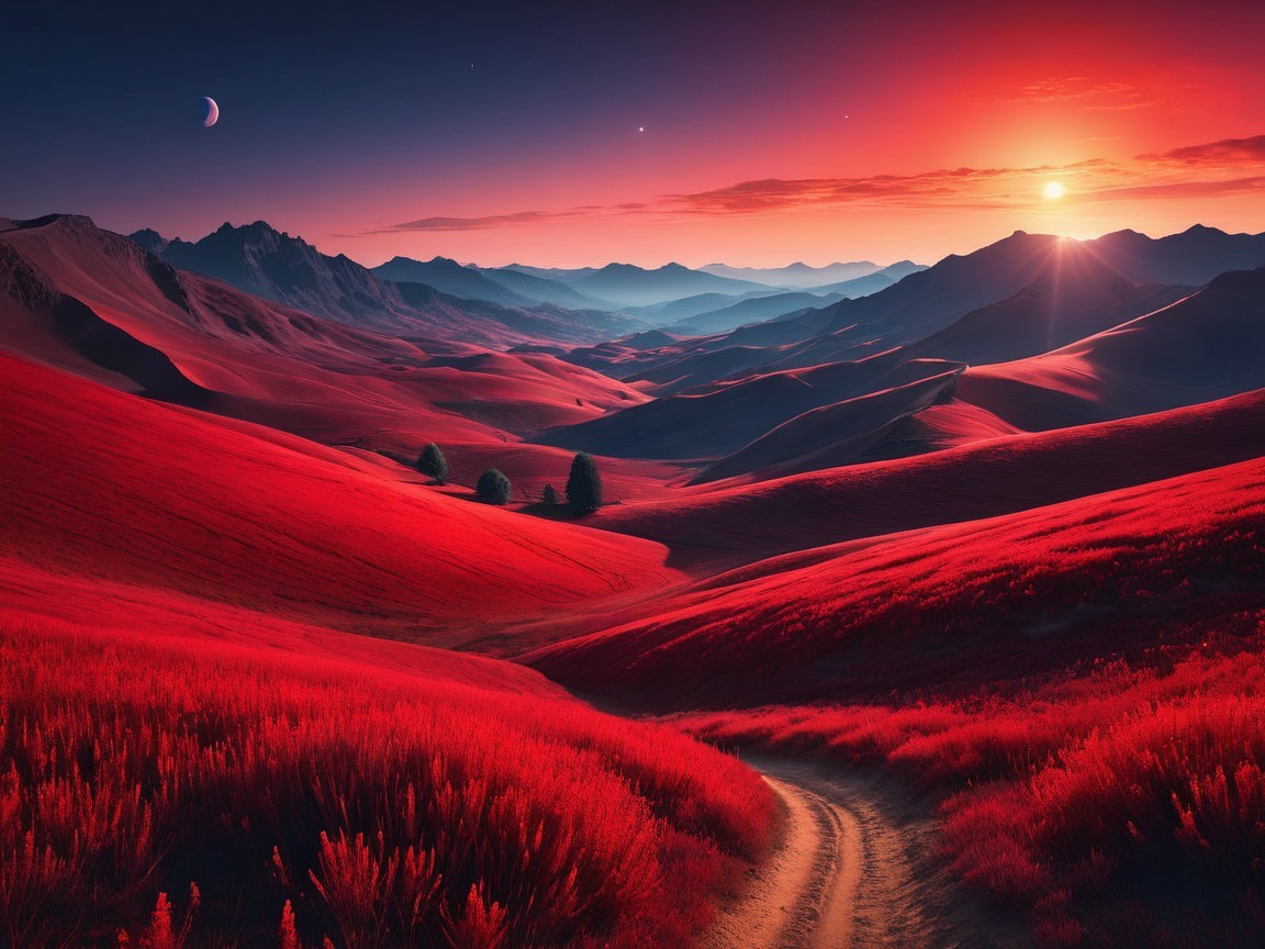 Rolling Hills with Red Foliage and Dramatic Sky