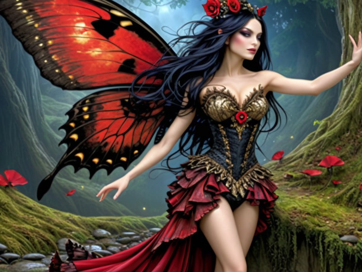 Fairy in Enchanted Forest with Butterfly Wings