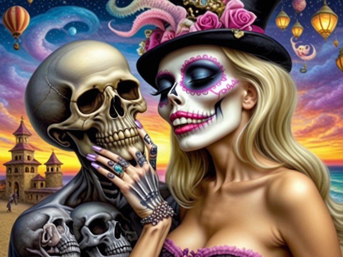 Glamorous Woman and Skeleton in Whimsical Scene