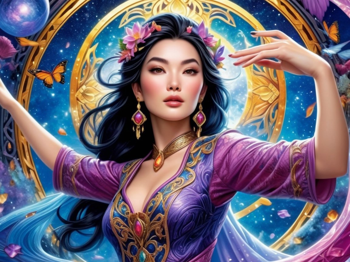 Vibrant Figure in Purple Gown with Celestial Backdrop
