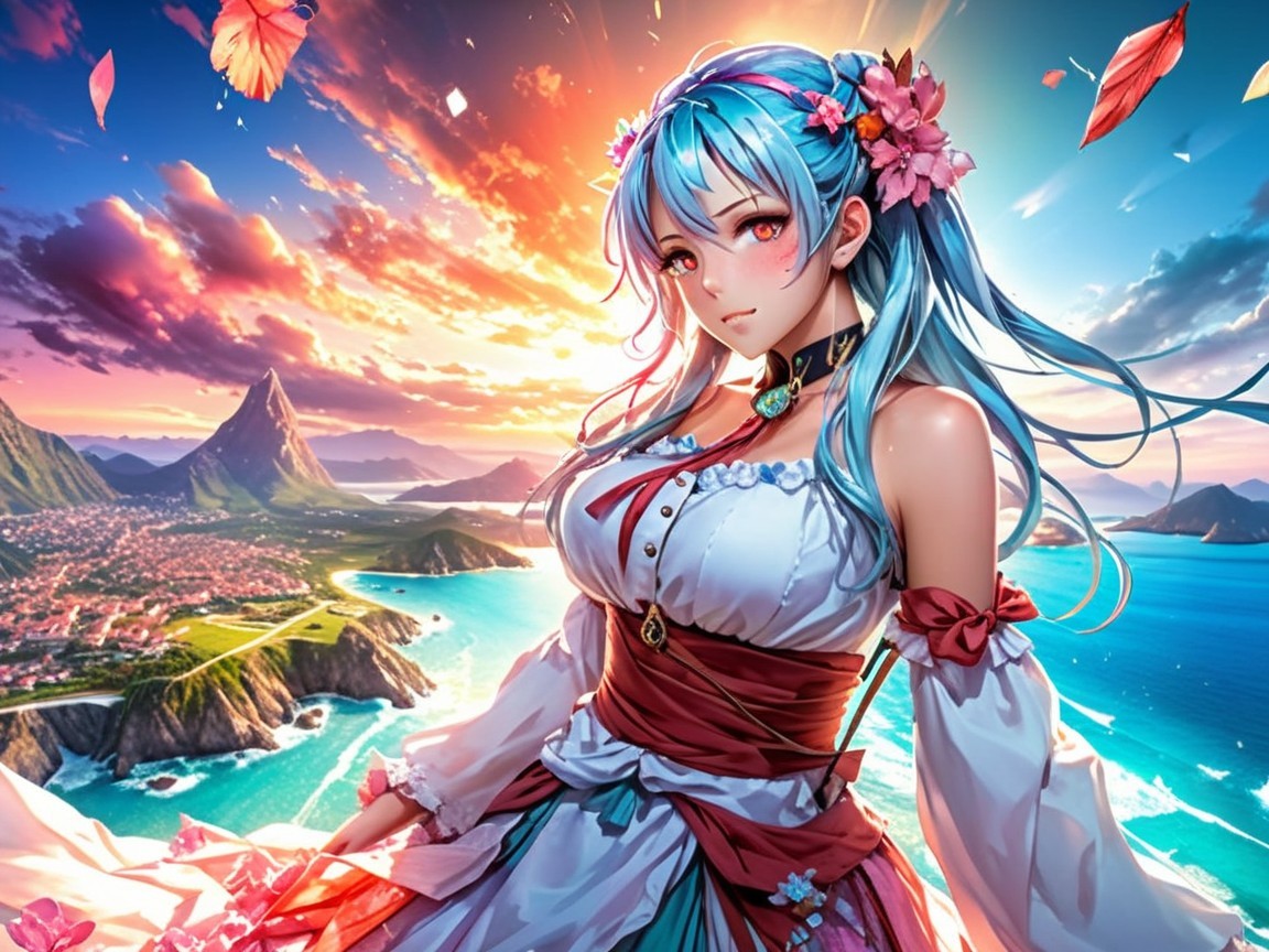 Young woman with aqua hair in seaside sunset scene