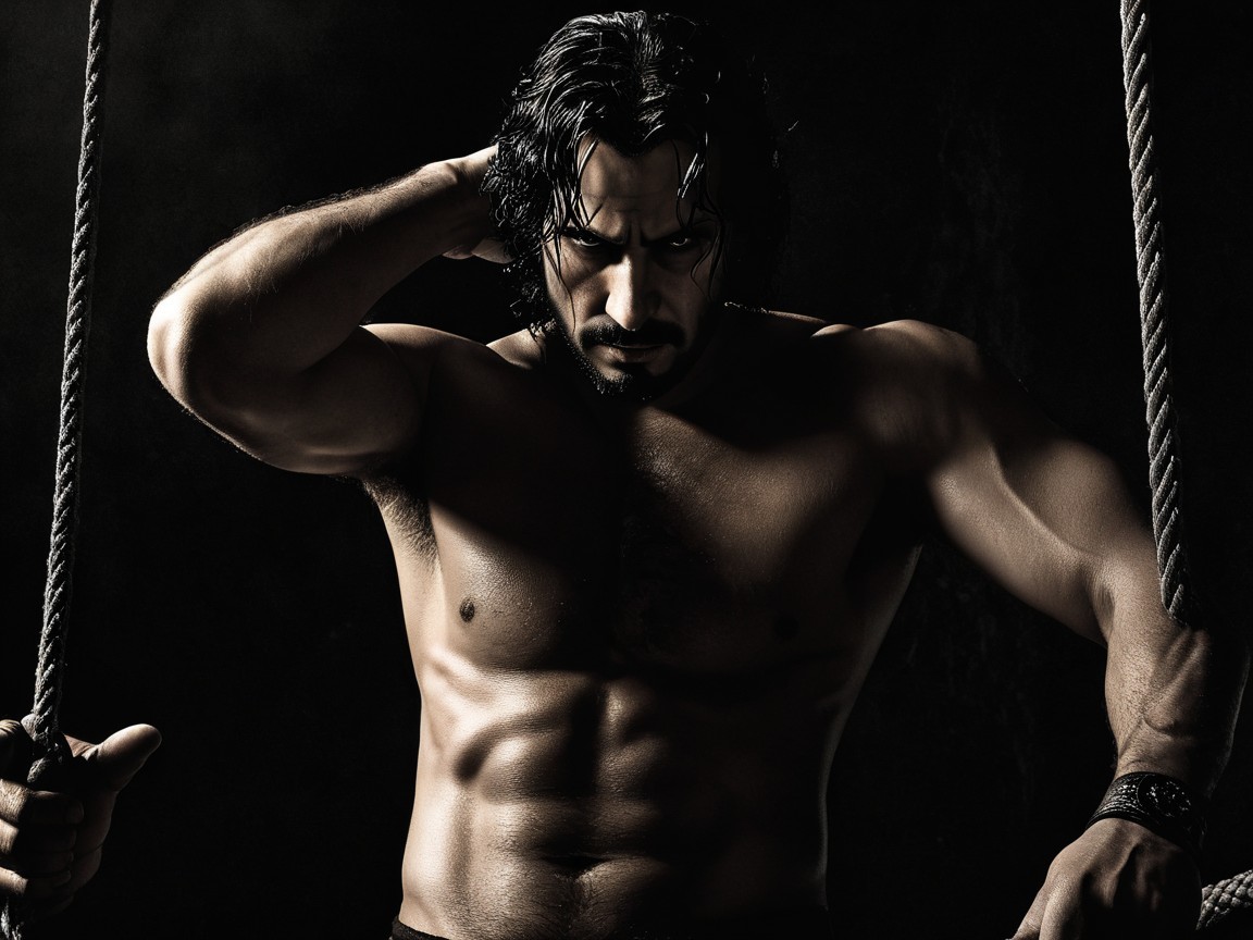 Muscular Man Posing in Dramatic Shadowy Setting