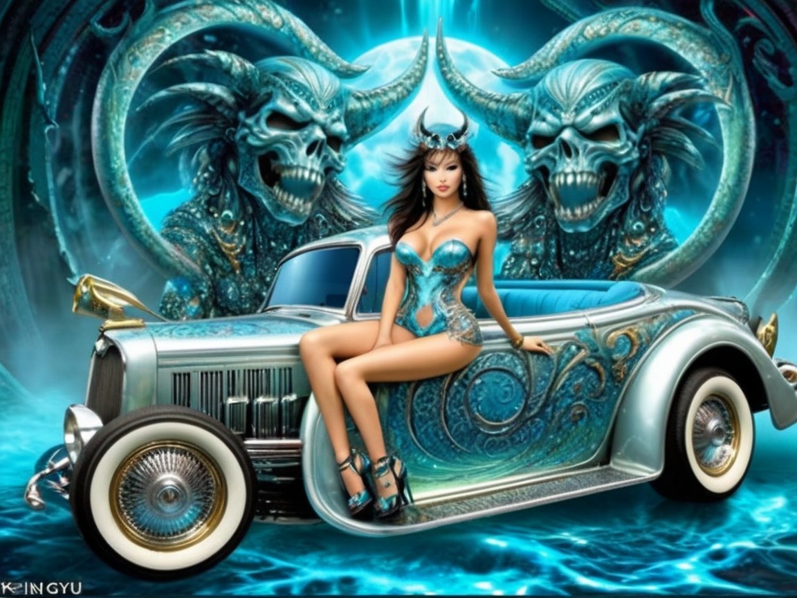 Fantasy Scene with Vintage Car and Mystical Creatures