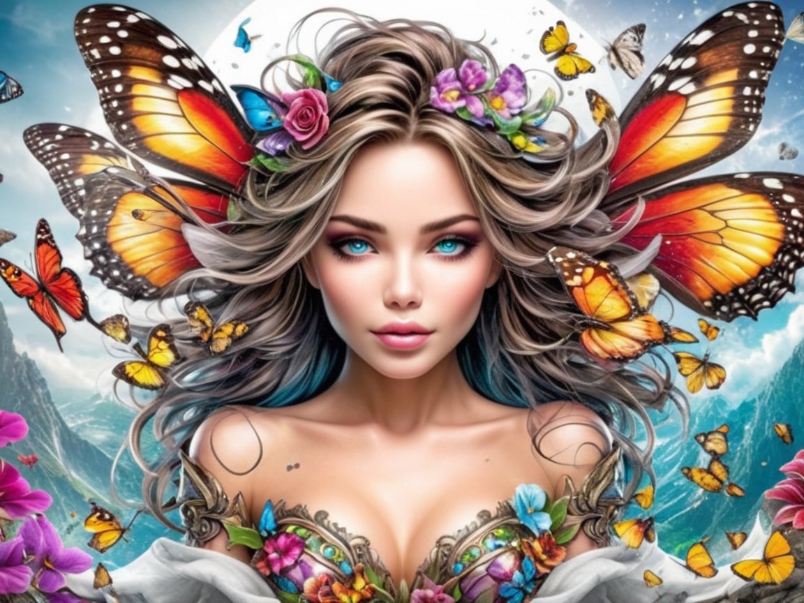 Woman with Flowing Hair and Butterflies in Nature