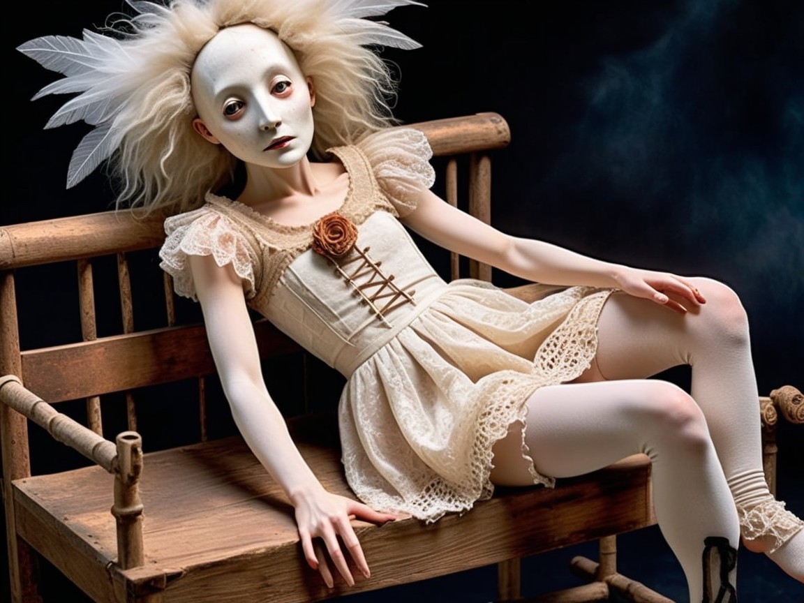 Haunting Doll Figure on Rustic Wooden Bench