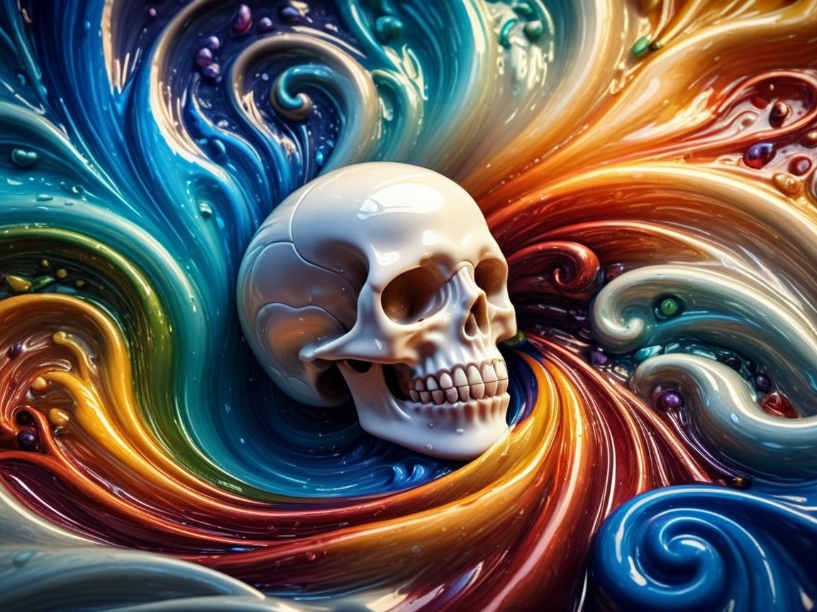 Glossy White Skull Against Vibrant Multicolored Waves
