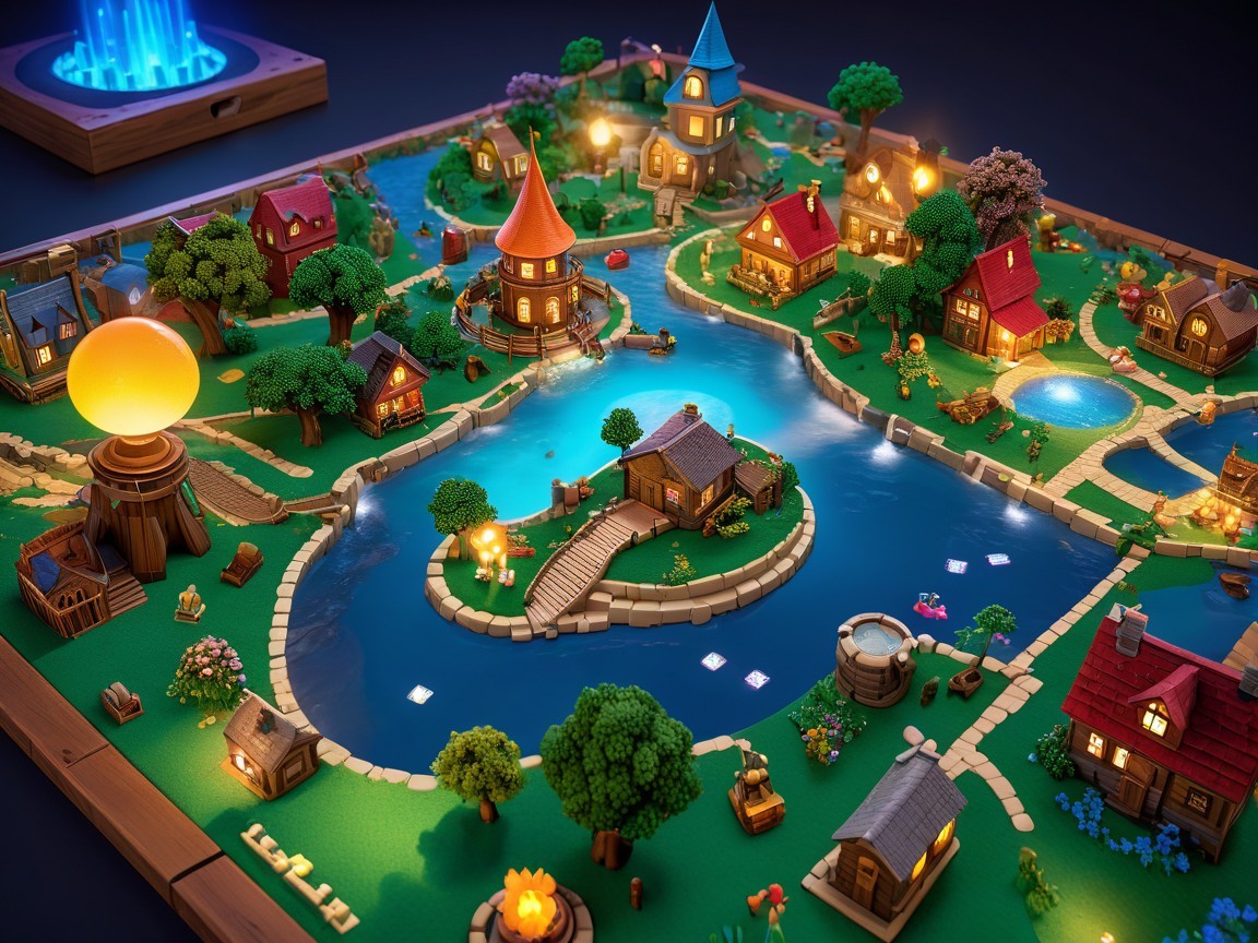 Whimsical Village Tabletop Scene by a Serene River