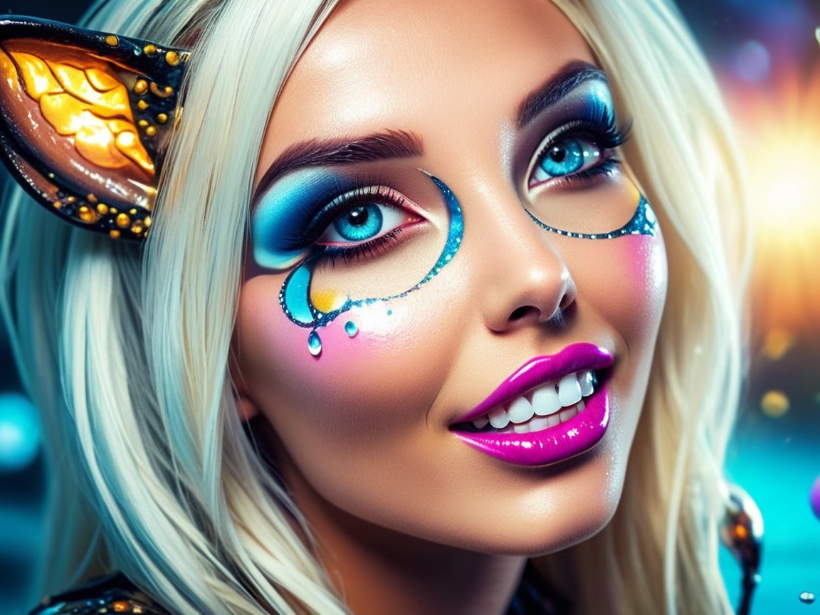 Portrait of a woman with vibrant makeup and accessories