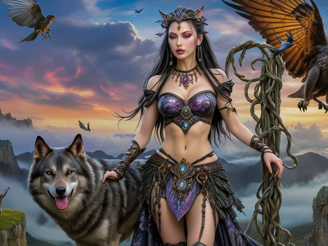 Mystical Figure in Fantasy Landscape with Animals