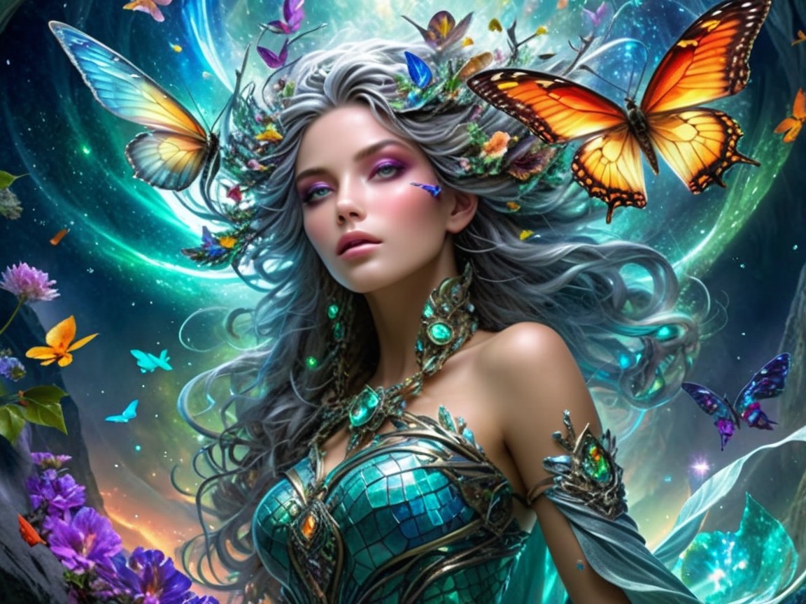 Mystical figure with silver hair and floral gown