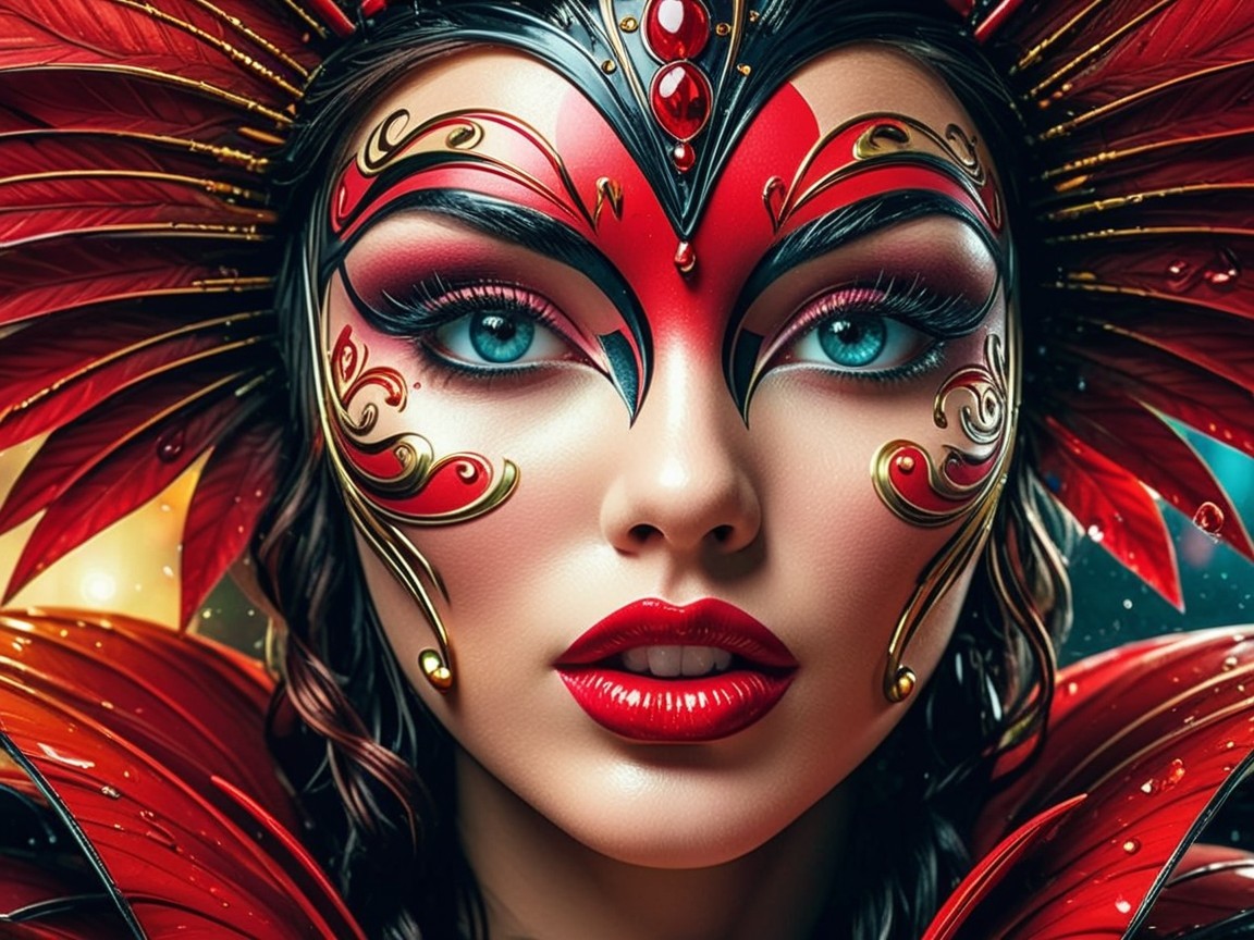 Close-up of a woman with elaborate makeup and headpiece